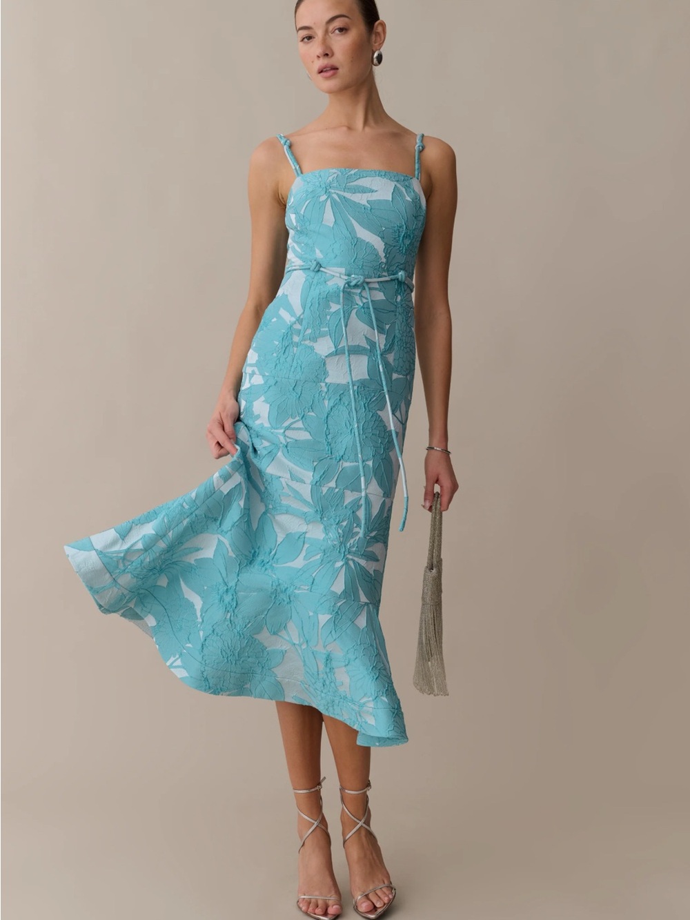 Aqua Floral Jacquard Midi Dress